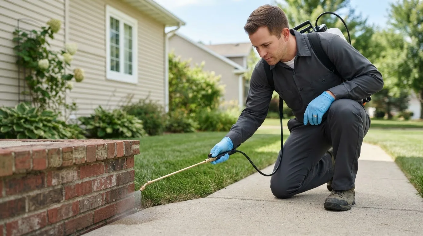 Pest control technician treating a home near Wilmore, KS