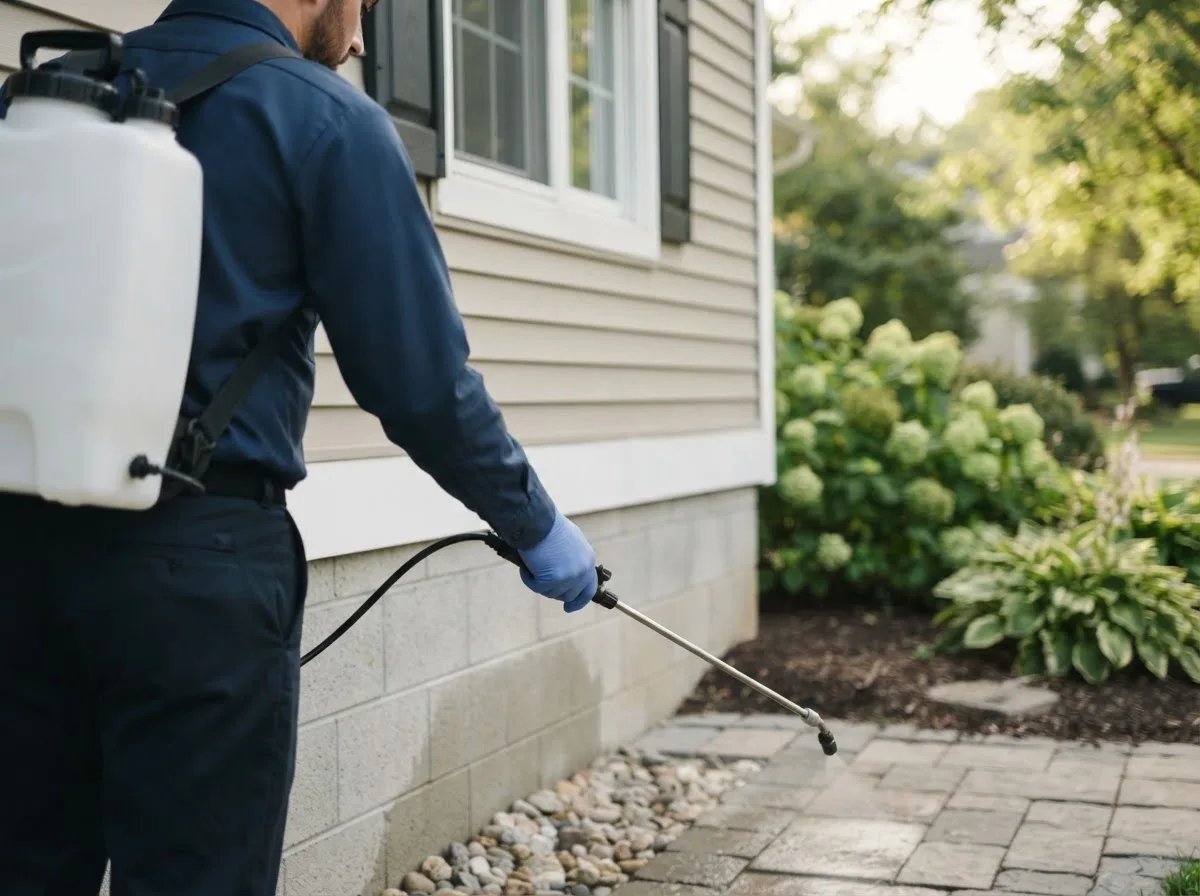Pest control technician inspecting a home in Wilmore, KS